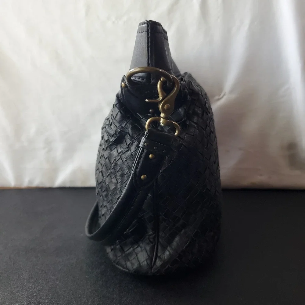 Elliott Lucca Black Leather Braided Bucket Tote Hobo Shoulder Bag Satchel Vtg‎